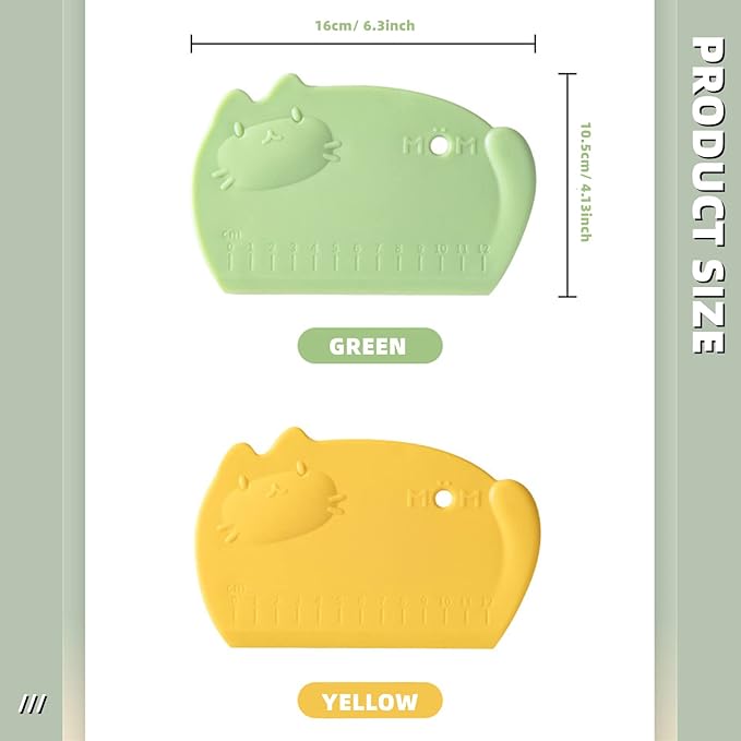 Silicone Dough Scraper with Scale Cartoon Food Grade Baking Scrapers Dough Cutters Food Scrappers for Bread Dough Baking Cake Fondant Icing Silicone Bench Scraper for Sourdough, 2 Pcs, Green & Yellow
