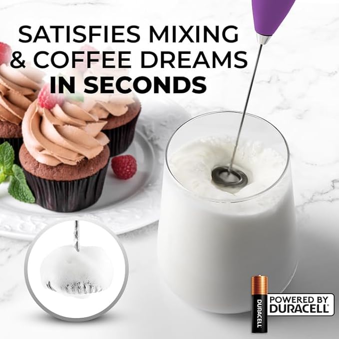 Zulay Kitchen Powerful Milk Frother Wand With 4 AA Duracell Batteries - Ultra Fast Handheld Drink Mixer - Electric Whisk Foam Maker for Coffee, Lattes, Cappuccino, Matcha & Creamer