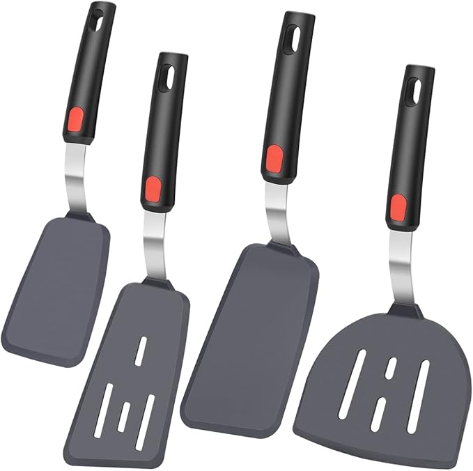 4Pcs Spatula Silicone Heat Resistant Flexible Rubber Silicone Spatulas for Nonstick Cookware, Burger Pancake Spatula Turner Large Spatulas Set for Cooking Kitchen Utensils Set Black