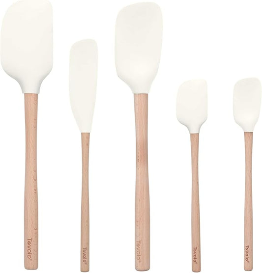 Tovolo Silicone Spatula with Wooden Handle Set of 5 Piece Silicone Kitchen Utensil Set Spoonula Jar Scraper Mini Spatula and Spoonula for Cooking Baking Mixing Folding White Cookware Set