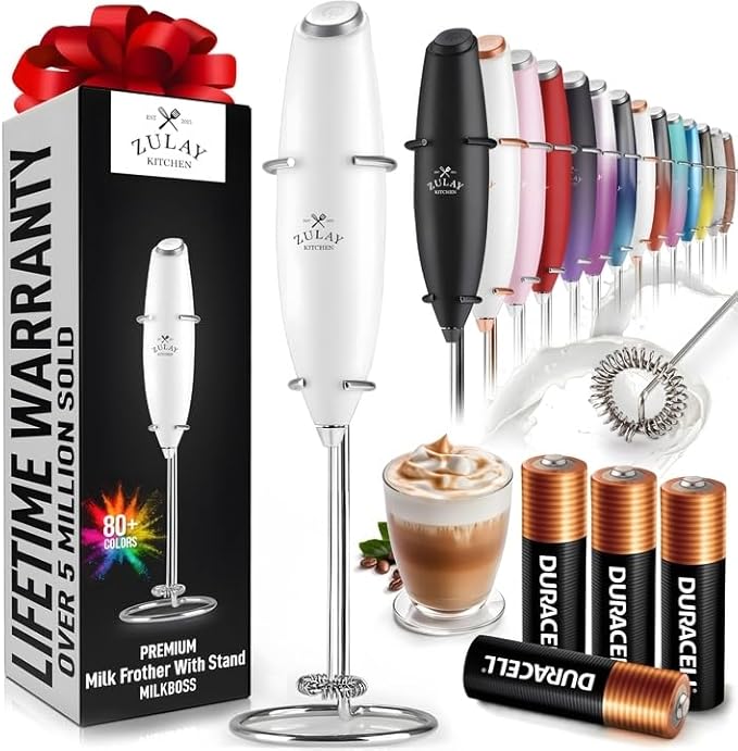 Zulay Kitchen Powerful Milk Frother Wand With 4 AA Duracell Batteries - Ultra Fast Handheld Drink Mixer - Electric Whisk Foam Maker for Coffee, Lattes, Cappuccino, Matcha & Creamer