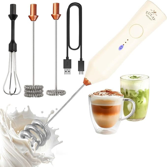 Zulay Kitchen Rechargeable Milk Frother - Dynamic - 3 Speeds, 3 Whisk Attachments, 500 mAh USB Charging, Drink Mixer For Latte, Cappuccino, Matcha, Protein Powder, Coffee Foam - Cream Copper