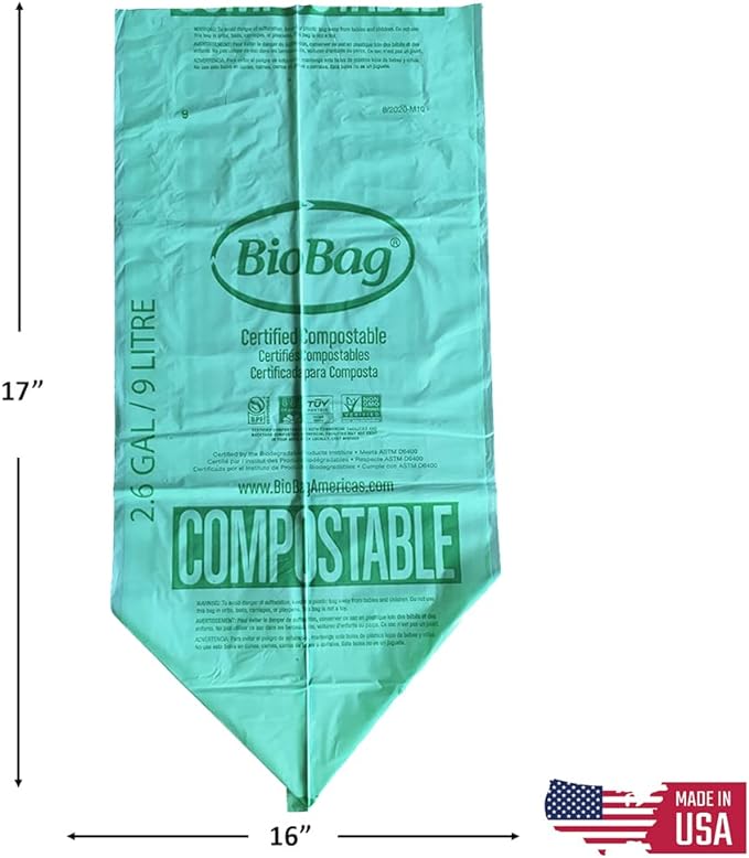 2.6 Gallon Compostable Food Scrap Bags by BioBag, 100 Count, BPI Certified, Meets ASTM D6400 Standards, Made in USA, Kitchen Counter Bin Liners