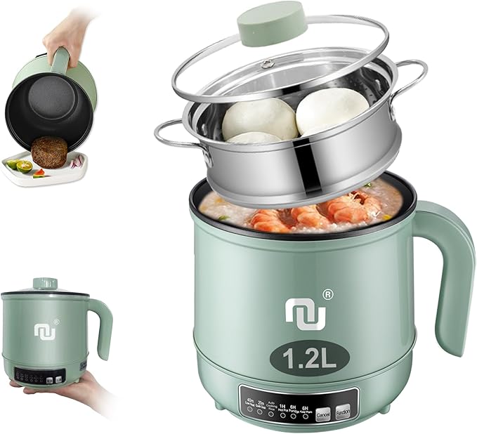 Smart Mini Hot Pot with Timer and Automatic Shut Off 1.2L Non-Stick Rapid Noodle Cooker w Stainless Steel Steamer Basket 600W Quick Cook 5 Cooking Modes for Soup, Rice (1cup) , Porridge, Pasta Great for 1-2 Persons (Green)