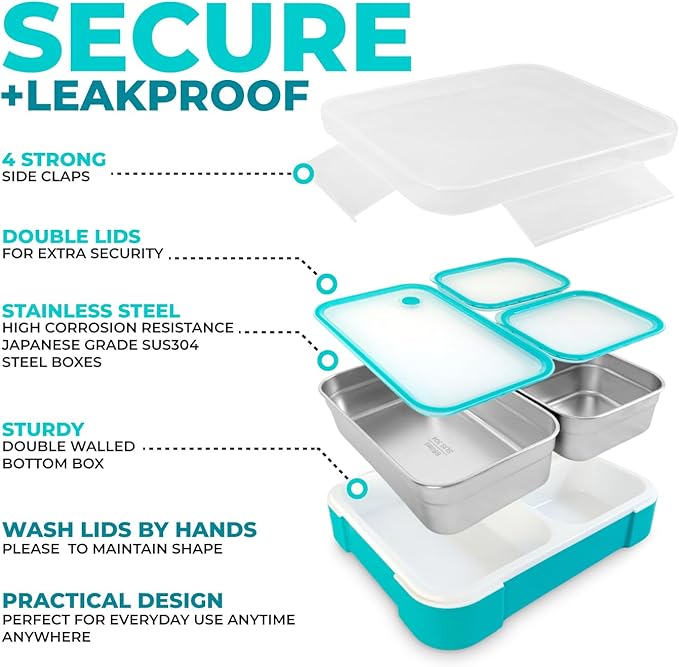 Stainless Steel Bento Lunch Box Set for Adults, Kids - Insulated Bag and Ice Pack - Leak-Proof Metal Compartment Meal Prep Food & Snack Containers for Work Travel School Daycare, 42 oz Teal Blue