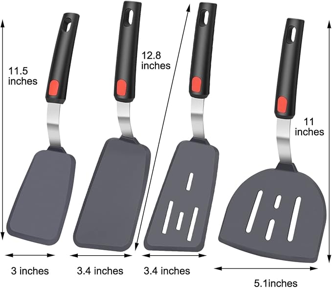 4Pcs Spatula Silicone Heat Resistant Flexible Rubber Silicone Spatulas for Nonstick Cookware, Burger Pancake Spatula Turner Large Spatulas Set for Cooking Kitchen Utensils Set Black