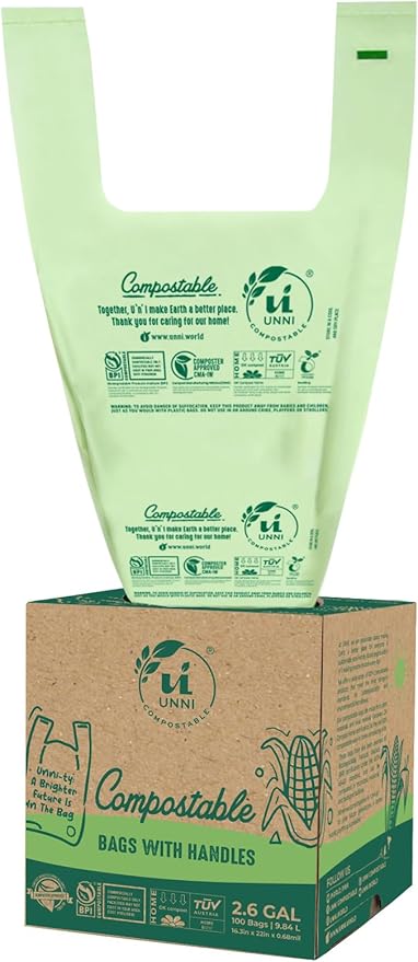UNNI Compostable T-Shirt Bags with Tie Handles, 2.6 Gallon / 9.84 Liter, 100 Count, 0.68 mil Small Kitchen Caddy Liners, Certified by BPI, CMA & OK compost HOME, Meets ASTM D6400