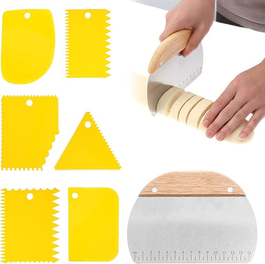 7pcs Bowl Scrapers for Bread - Dough Scraper Set, Bench Scrapers, Doughs Cutter - Yellow & Wood, Stainless Steel & Plastic