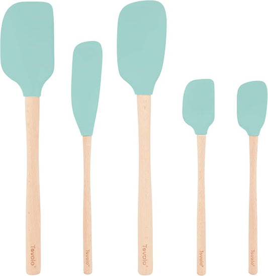 Tovolo Silicone Spatula with Wooden Handle Set of 5 Piece Silicone Kitchen Utensil Set Spoonula Jar Scraper Mini Spatula and Spoonula for Cooking Baking Mixing Folding Aqua Seafoam Green