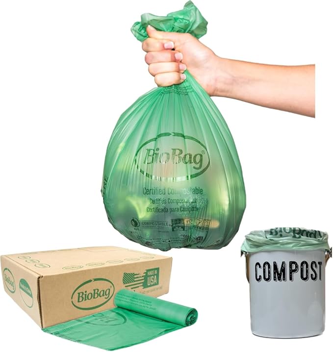 6-8 Gallon Compostable Trash Bags by BioBag, 45 Count, BPI Certified, Meets ASTM D6400 Standards, Made in USA, Medium Kitchen Bin Liners