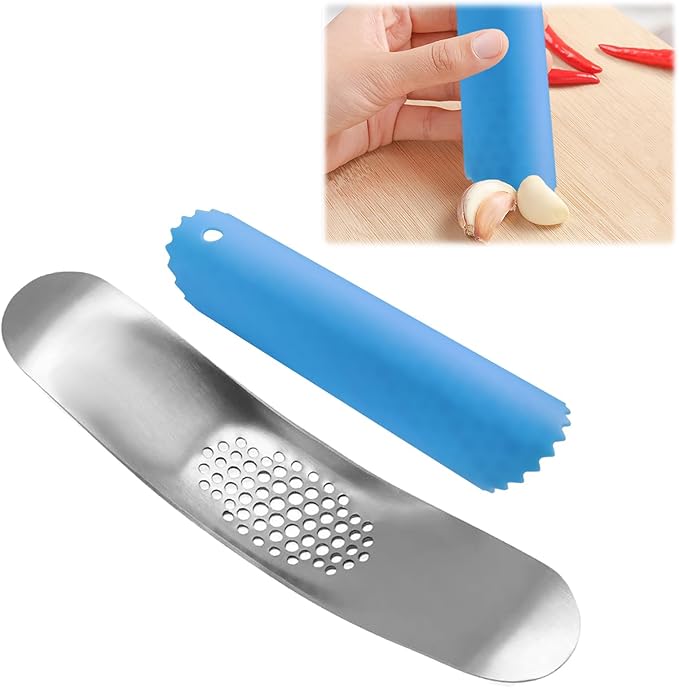 2 Piece Garlic Press Tool Set 304 Stainless Steel Garlic Mincer with Silicone Peeler Kitchen Gadgets for Easy Peeling and Mincing Durable Dishwasher Safe