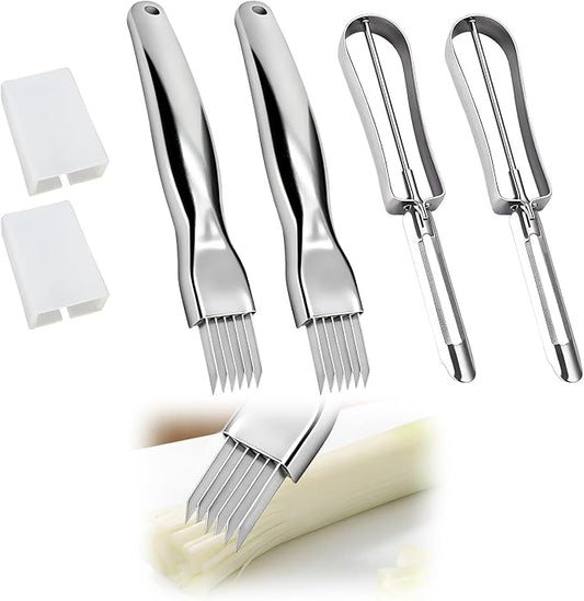 Shred Silk the Knife, Stainless Steel Green Onion Slicer Cutter Vegetable Chopper, Multifunctional Green Onion Shredder Vegetable Cutter Tool for Kitchen, Garlic, Silver (4pcs)