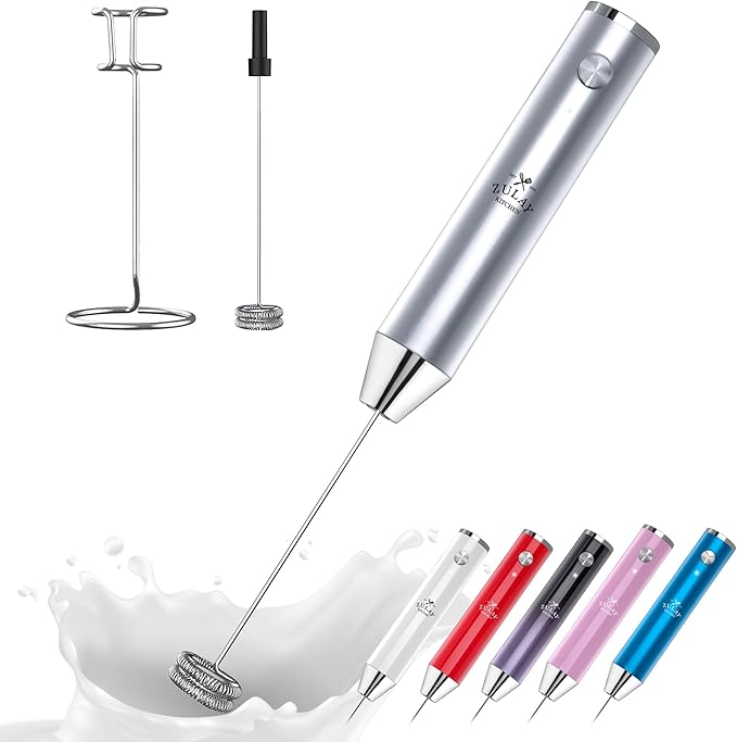 Zulay Kitchen Rechargeable Milk Frother Handheld Lux - Powerful 2-Speed Motor, Waterproof, 2000mAh Battery - Drink Mixer for Latte, Cappuccino, Matcha & Protein Powder - Pure Silver