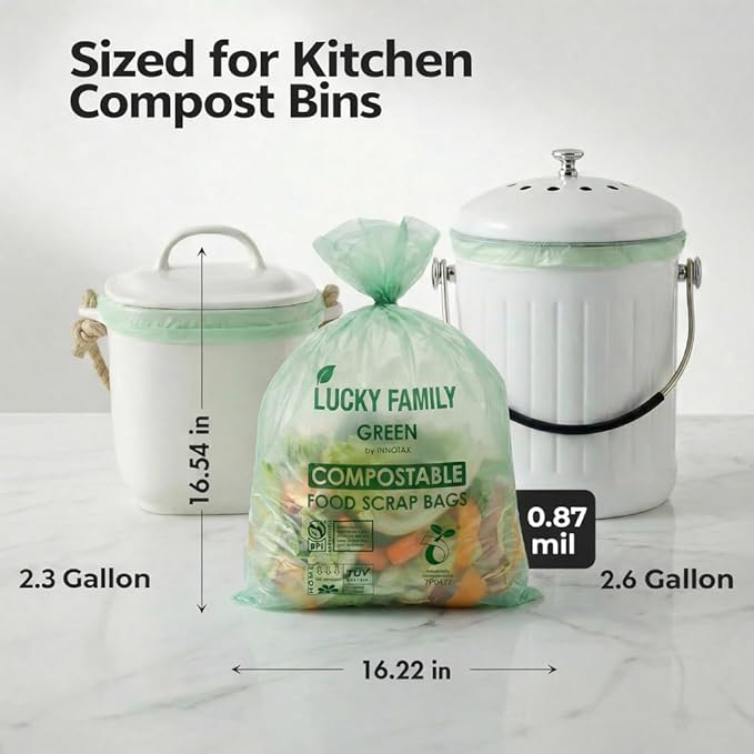 Compostable Trash Bags for Kitchen Compost Bins – 2.6 Gallon Compost Bags for Countertop Bin, Green Compostable Bags, BPI & OK Industrial Certified, Leak-Proof Food Waste Bags (50 Count)