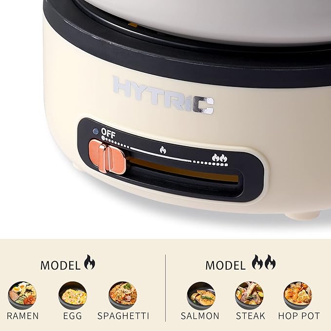 HYTRIC Electric Cooker, 2L Portable Electric Cooker with Foldable Handle, Non-Stick Electric Cooker with Dual Power Control for Camp, Dorm, Multi-Function Ramen Cooker for Oatmeal, Steak, Pasta,