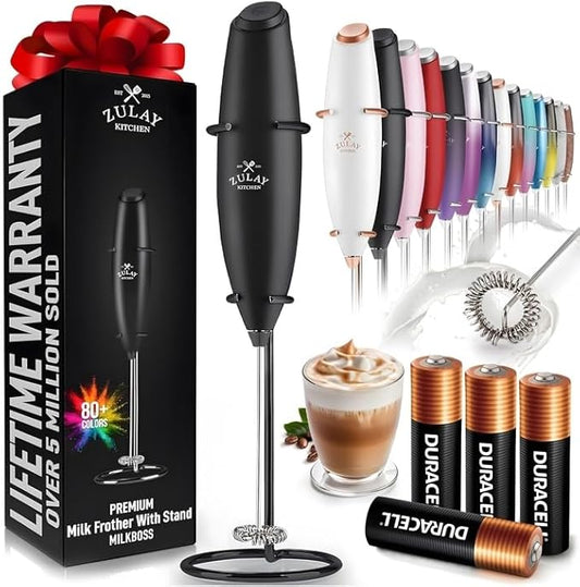 Zulay Kitchen Powerful Milk Frother Wand With 4 AA Duracell Batteries - Ultra Fast Handheld Drink Mixer - Electric Whisk Foam Maker for Coffee, Lattes, Cappuccino, Matcha & Creamer