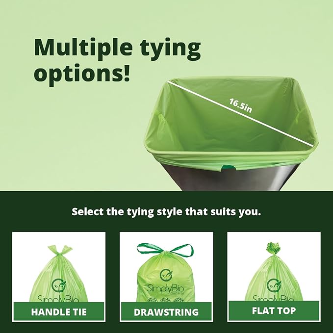 Simply Bio 13 Gallon Compostable Trash Bags Liners with Handle-Tie, Thick 0.87 Mil, 49.21 Liter, 30 Bags, Tall Kitchen Food Scrap Waste Bag, ASTM D6400, US BPI and OK Compost Home Certified