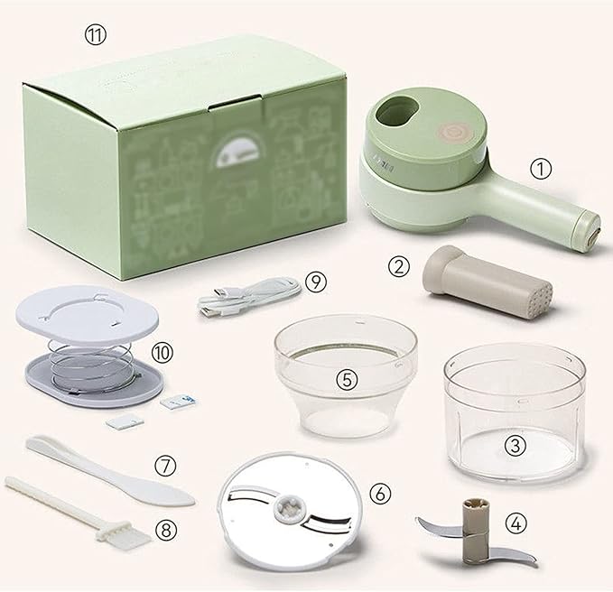 4 in 1 Handheld Electric Vegetable Cutter Set, Wireless Chopper, Garlic Mud Masher, Portable Fruit and for Garlic, Pepper, Chili, Onion, Potato, Meat (Green), 20.5X9.5X8CM/578, 21213