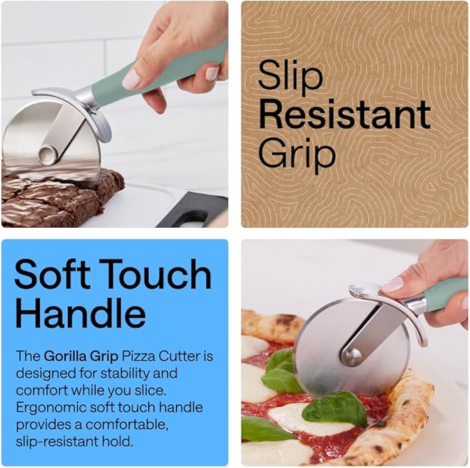 GORILLA GRIP BPA-Free Large Pizza Cutter Wheel, 9 Inch, Sharp Stainless Steel Blade, Slip Resistant Handle with Thumb Guard Protection, Slice Thick or Thin Pizzas, Pie, Pastries in Seconds, Mint