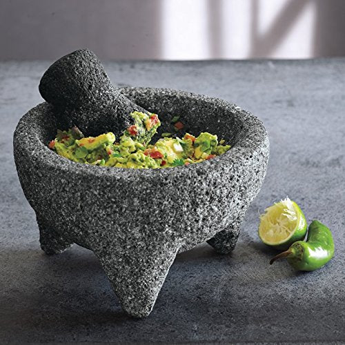 Made in Mexico Guacamole Maker Grande Genuine Mexican Manual Guacamole Salsa Maker Volcanic Lava Rock Stone Molcajete/Tejolote Mortar and Pestle Herbs Spices Grains 8" Large Mexicano