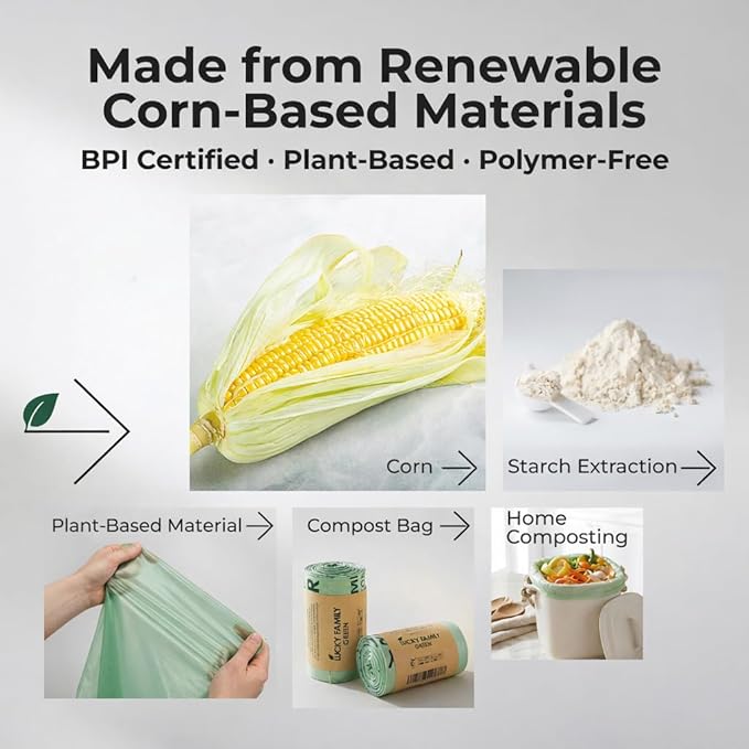 Compostable Trash Bags for Kitchen Compost Bins – 2.6 Gallon Compost Bags for Countertop Bin, Green Compostable Bags, BPI & OK Industrial Certified, Leak-Proof Food Waste Bags (50 Count)