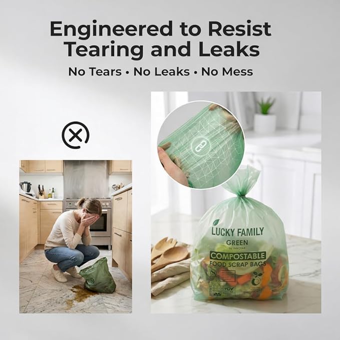 Compostable Trash Bags for Kitchen Compost Bins – 1.3 Gallon Small Compost Bags for Countertop Bin, Green Compostable Bags, BPI & OK Industrial Certified, Leak-Proof Food Waste Bags (50 Count)