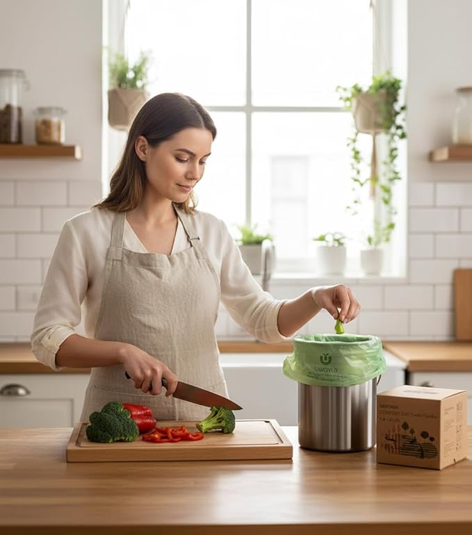 1.6 Gallon Compost Bags with Handles, Small Kitchen Food Scrap trash Bags for Countertop Compost Bin, 6L, 100 Count, BPI & OK Compostable Certified