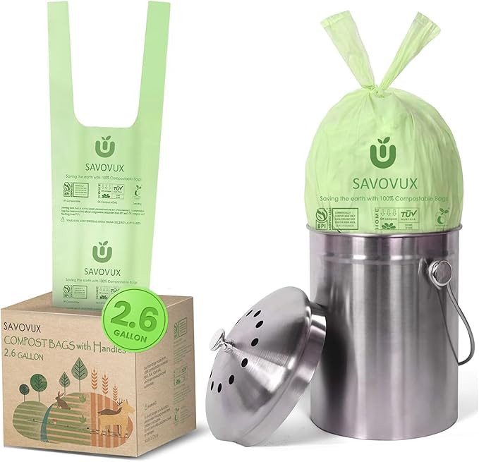Small Compost Bags 2.6 Gallon with Handles,0.71 Mil Extra Thick Kitchen Food Scrap Bags,Compostable Trash Bags mini Certified by BPI &Europe OK Compost, 9.84L