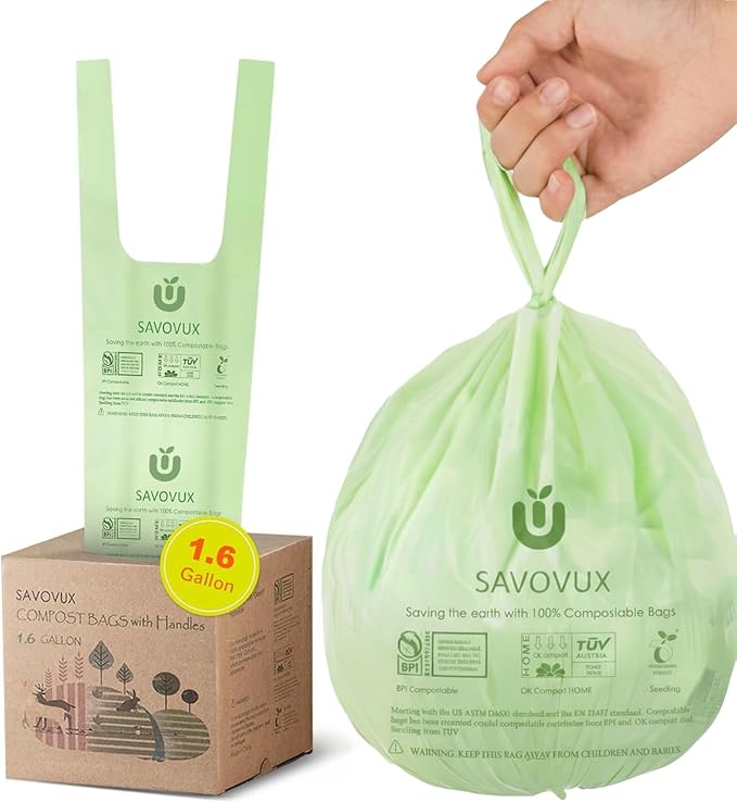 1.6 Gallon Compost Bags with Handles, Small Kitchen Food Scrap trash Bags for Countertop Compost Bin, 6L, 100 Count, BPI & OK Compostable Certified