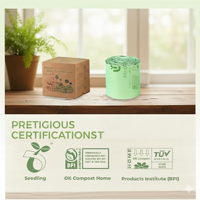 1.6 Gallon Compost Bags with Handles, Small Kitchen Food Scrap trash Bags for Countertop Compost Bin, 6L, 100 Count, BPI & OK Compostable Certified