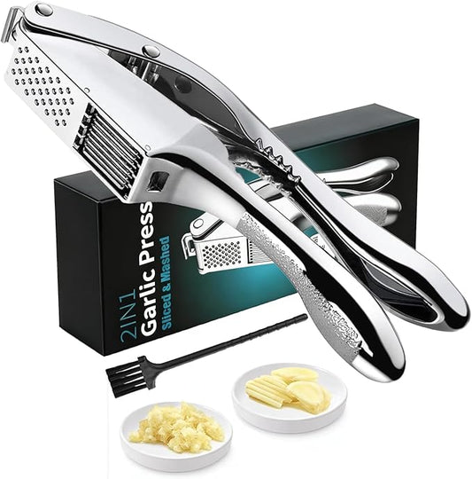 Garlic Press and Slicer 2 in 1, Rust Proof & Dishwasher Safe Professional Garlic Mincer Tool, Effortlessly Crush and Mince Garlic with this Ergonomic Handle-Garlic Slicer & Brush ANCQMI(Silver)