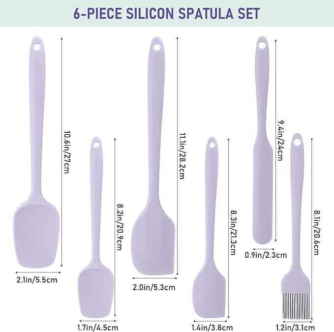 Silicone Spatula Set of 6, Heat-Resistant Food Grade, Nonstick Rubber Kitchen Utensils with Stainless Steel Core for Cooking, Baking & Mixing (Purple)
