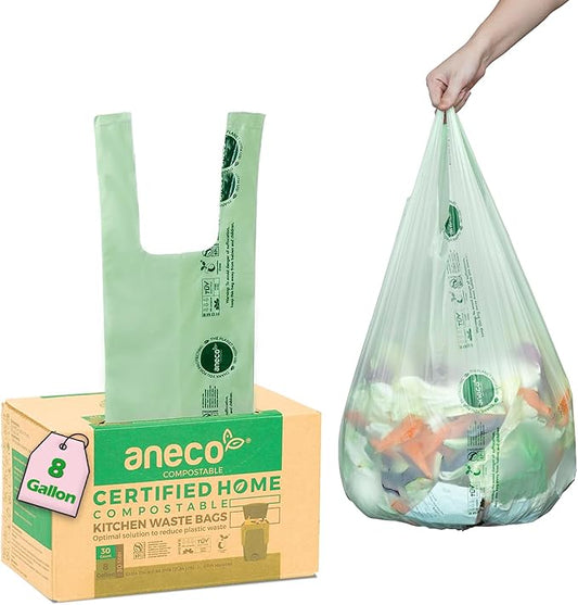 ANECO 8 Gallon Compostable Kitchen Food Waste Bags with Handles (30 Count), Leak-proof Compost Bags for Tall Kitchen Bin, Large 8 Gallon Bags Certified by BPI & OK Compost HOME