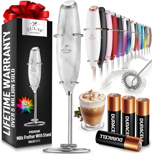 Zulay Kitchen Powerful Milk Frother Wand With 4 AA Duracell Batteries - Ultra Fast Handheld Drink Mixer - Electric Whisk Foam Maker for Coffee, Lattes, Cappuccino, Matcha & Creamer