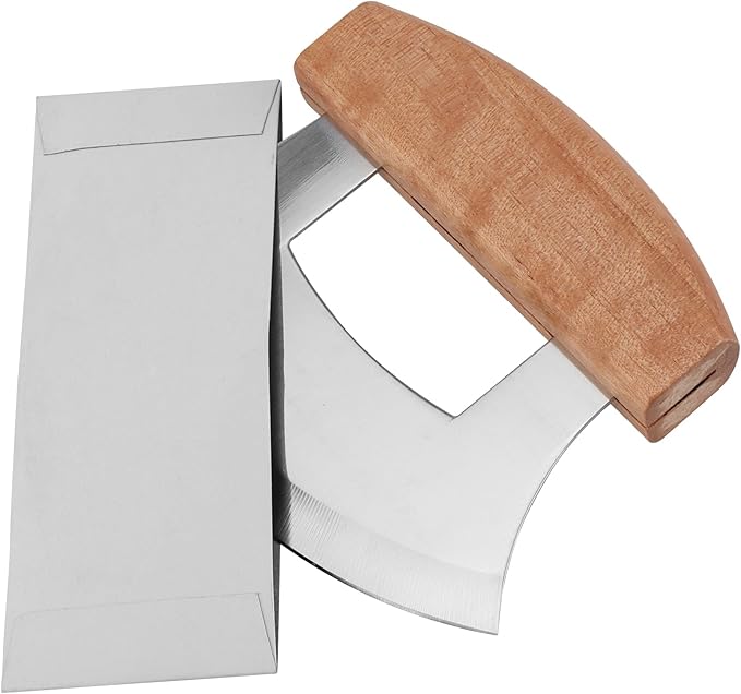 4 PCS Pizza Mezzaluna Ulu Knife, Salad Chopper Rocker Knife Stainless Steel Blade with Wooden Handle for Chopping Vegetable, Fruit