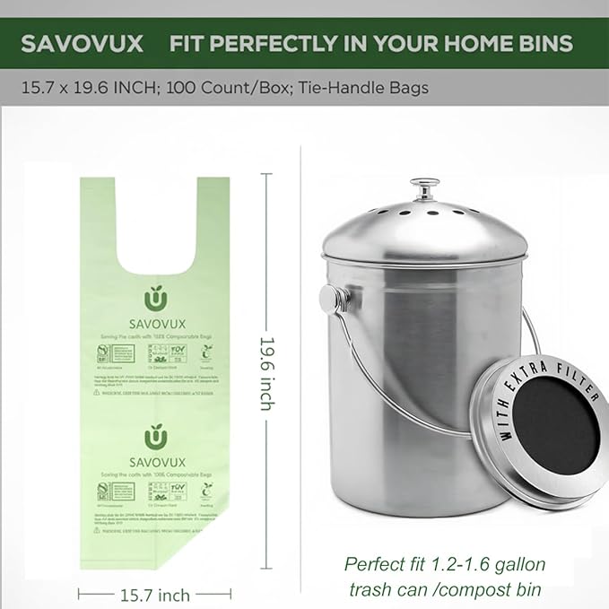 1.6 Gallon Compost Bags with Handles, Small Kitchen Food Scrap trash Bags for Countertop Compost Bin, 6L, 100 Count, BPI & OK Compostable Certified