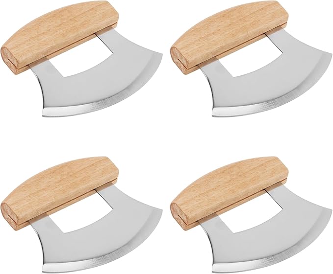 4 PCS Pizza Mezzaluna Ulu Knife, Salad Chopper Rocker Knife Stainless Steel Blade with Wooden Handle for Chopping Vegetable, Fruit