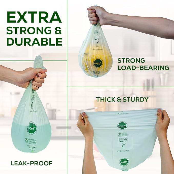 ANECO 100% Home Compostable Food Waste Bags (1.6 Gallon Trash Bags, 50 Count), Small Kitchen Compost Bags for Countertop Bin, Certified by BPI (ASTM D6400), TUV Austria & OK Compost Home