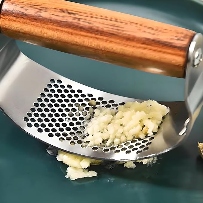 Garlic Press Rocker Stainless Steel Ginger Crusher, Garlic Mincer and Squeezer Kitchen Gadget with Ergonomic handle, Silicone Tube Garlic Peeler, Scraper and Cleaning Brush Tool Set