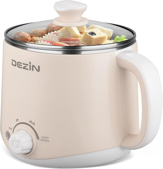 Dezin Electric Pot, 1.6L Ramen Cooker, Hot Pot Electric Stainless Steel, Multifunctional Cooker for Egg, Pasta, Soup, Porridge, Oatmeal with Temperature Control and Keep Warm Function