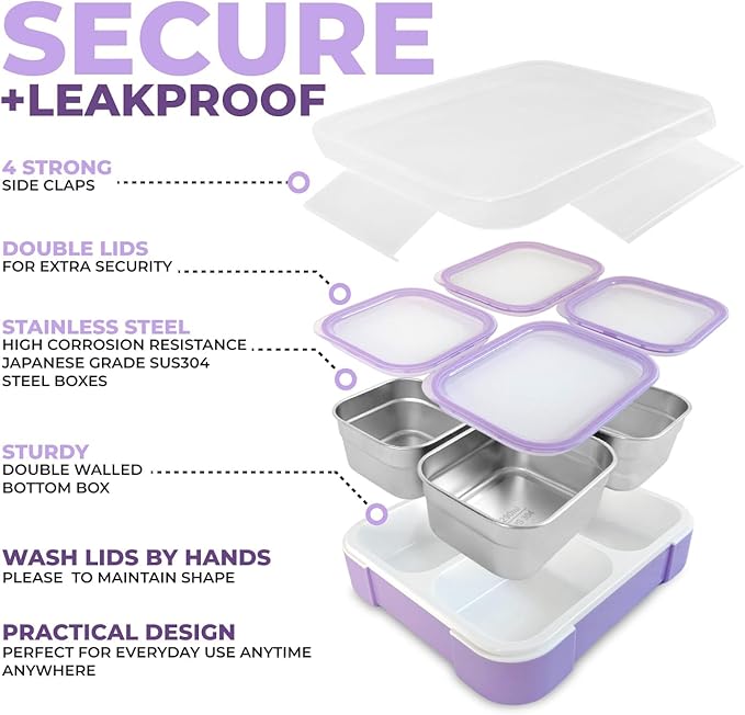 kinsho Stainless Steel Bento Lunch Box Set for Adults, Kids - Insulated Bag and Ice Pack - Leak-Proof Metal Compartment Meal Prep Food & Snack Containers for Work Travel School Daycare, 36 oz Purple
