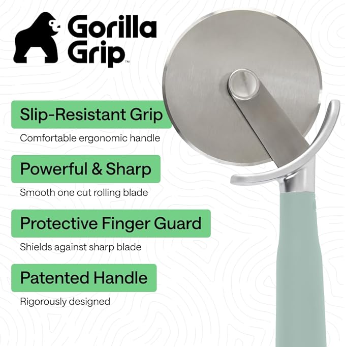GORILLA GRIP BPA-Free Large Pizza Cutter Wheel, 9 Inch, Sharp Stainless Steel Blade, Slip Resistant Handle with Thumb Guard Protection, Slice Thick or Thin Pizzas, Pie, Pastries in Seconds, Mint
