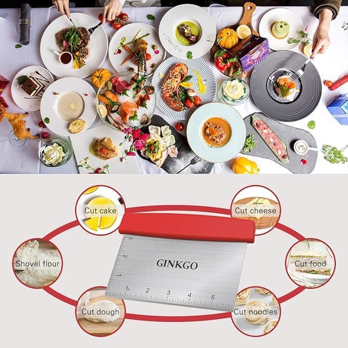 GINKGO Bench Dough Scraper Chopper Stainless Steel Kitchen Utensil Multipurpose Pastry/Food Cutter Scraper Tool for Cake, Pizza, Bread, BBQ - Red