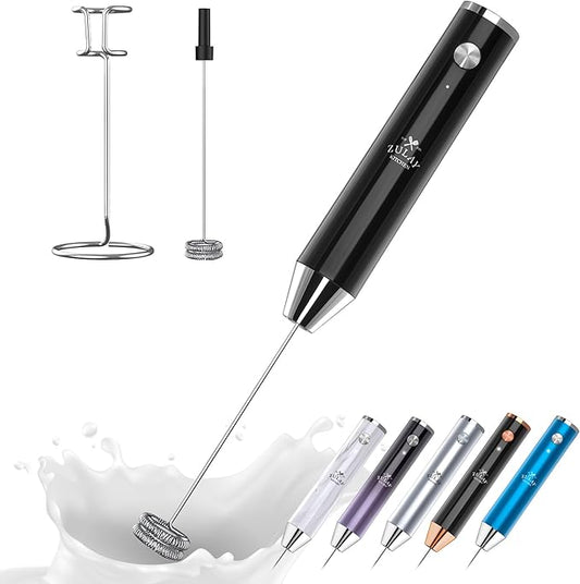 Zulay Kitchen Rechargeable Milk Frother Handheld Lux - Powerful 2-Speed Motor, Waterproof, 2000mAh Battery - Drink Mixer for Latte, Cappuccino, Matcha & Protein Powder - Obsidian Black