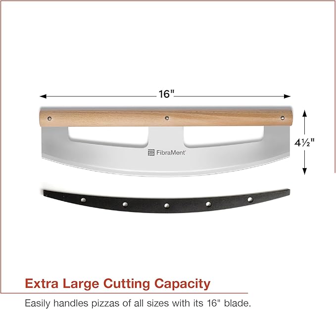 FibraMent® 16" Pizza Cutter Rocker – Stainless Steel Blade with Wood Handle & Cover, Professional Half Moon Pizza Slicer Knife for Pizzas, Pastries & More –Durable, Easy to Clean, Premium Kitchen Tool
