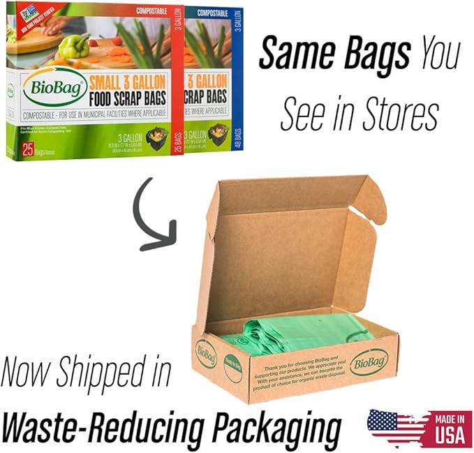 3 Gallon Compostable Food Scrap Bags by BioBag, 100 Count, BPI Certified, Meets ASTM D6400 Standards, Made in USA, Kitchen Trash Bin Liners