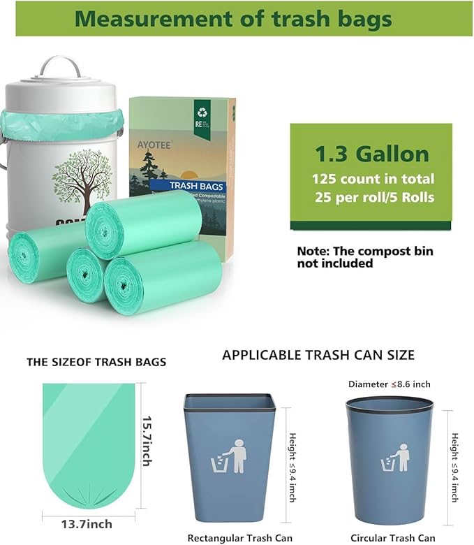 AYOTEE 100% Compostable Trash Bags, Small Compost Bags 1.3 Gallon, Small Trash Bags Compostable Bags for Kitchen Compost Bin 4.5-5 Liter, Meeting ASTM Standards Certified 125 Count