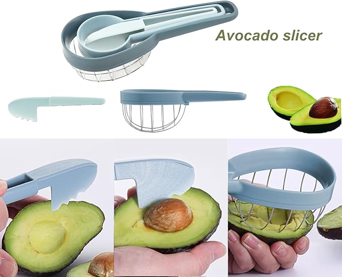 Avocado Slicer Kiwi Cutter Slicer,3 in 1 Stainless Steel Avocado Kiwi Cuber and Peeler Tool,Fruit Peeler for Avocado and Kiwi,Fruit Salad Kitchen Gadgets(Blue)