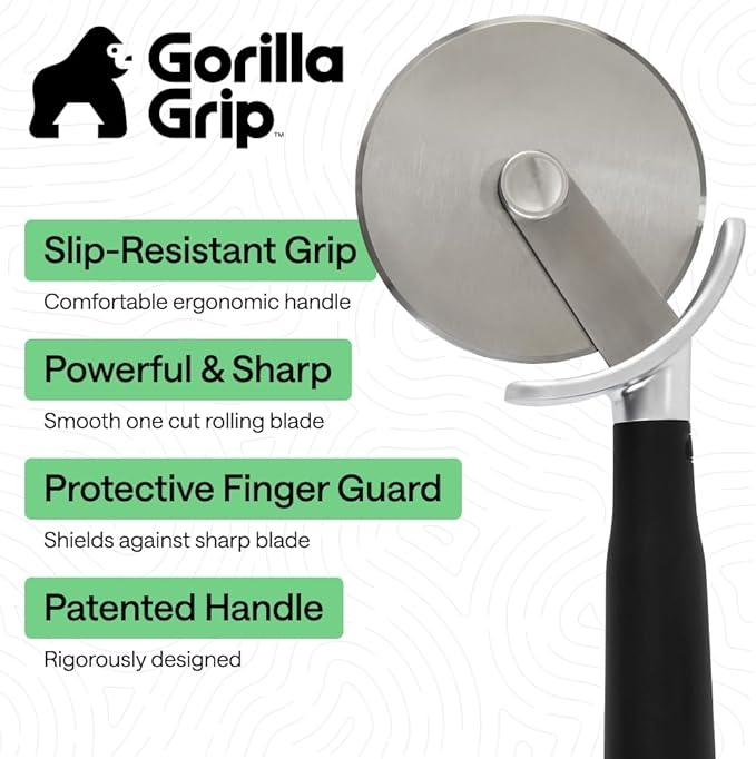 GORILLA GRIP BPA-Free Large Pizza Cutter Wheel, 9 Inch, Sharp Stainless Steel Blade, Slip Resistant Handle with Thumb Guard Protection, Slice Thick or Thin Pizzas, Pie, Pastries in Seconds, Black