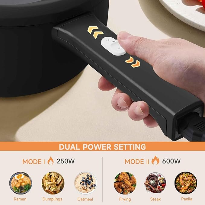 Dezin Hot Pot Electric, 2L Non-Stick Sauté Pan, Rapid Noodles Cooker, Mini Portable Pot for Steak, Egg, Fried Rice, Ramen, Oatmeal, Soup with Power Adjustment & Spatula, College Dorm Room Essential